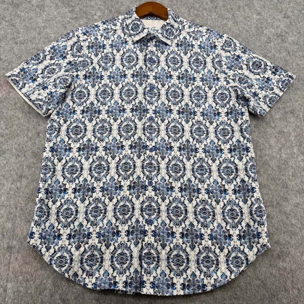 Robert Graham Mens Blue White Damask Medallion Short Sleeve Button Down Shirt L